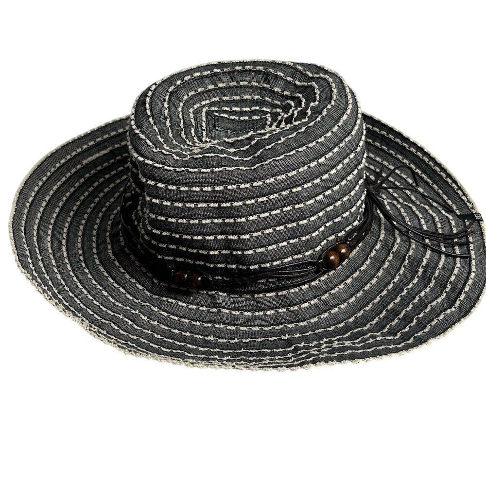 REI Black White‎ Striped Sun Hat Beaded Accent Packable Summer Beach
